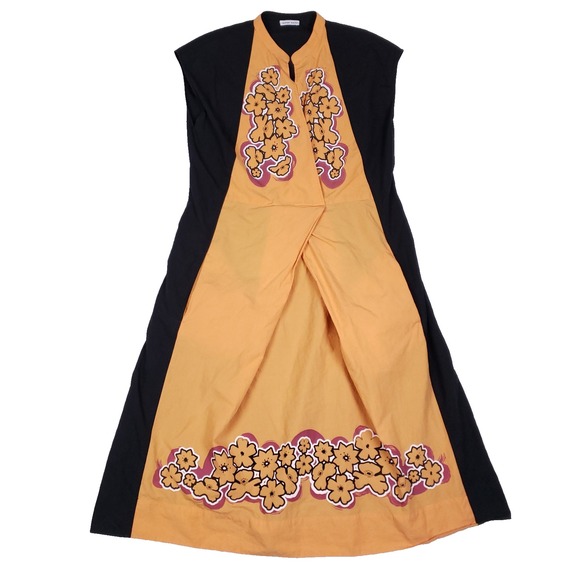 Tomas Maier Floral Panel Dress Size 2 Black Yellow Cotton Italian Designer Midi - Picture 1 of 9